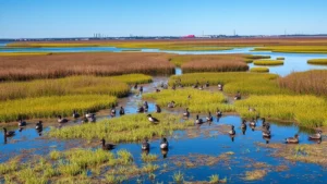 Wetland habitat showing waterfowl populations recovering in pristine water surrounded by native marsh vegetation, with clean blue sky and industrial areas visible distantly in background, demonstrating environmental restoration from ammunition contamination elimination