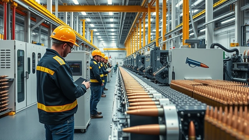 Modern ammunition manufacturing facility interior with advanced machinery producing steel and alternative ammunition types, workers in safety equipment at quality control stations, showing technological processes replacing traditional lead production methods