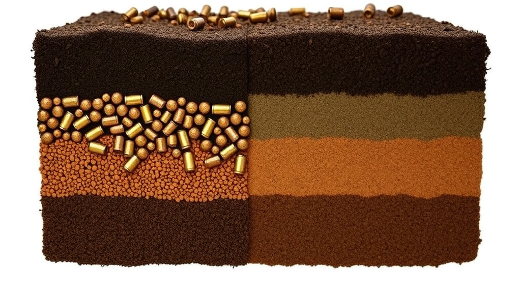 Soil cross-section displaying lead contamination layers with visible pellets in sediment, contrasted with clean uncontaminated soil layers, scientific visualization of persistent environmental lead from ammunition dispersal in hunting areas