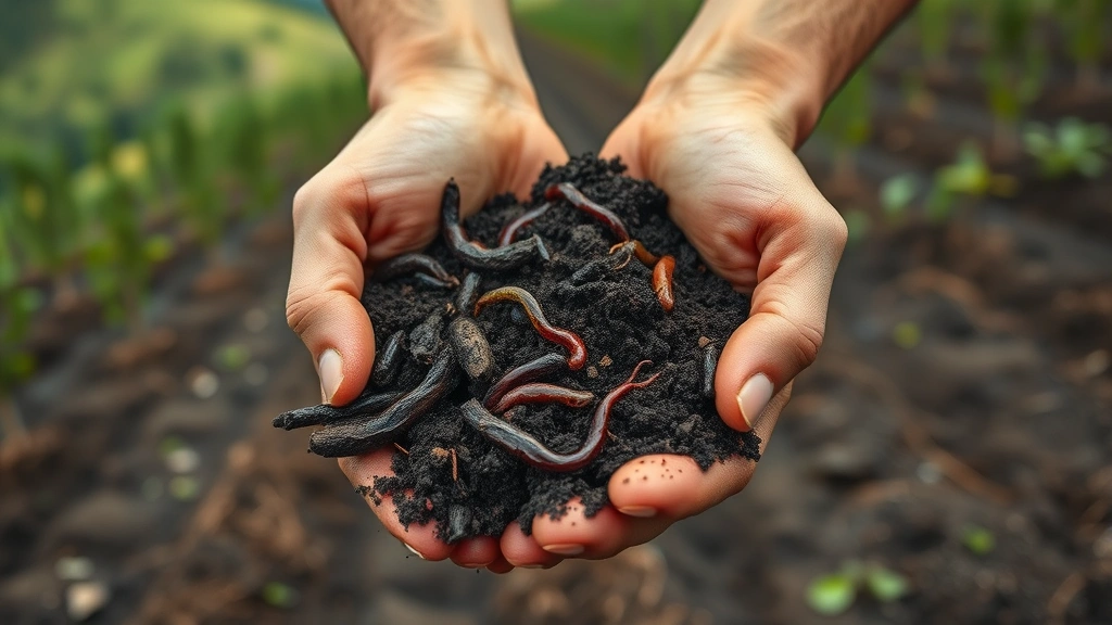 Close-up of hands holding rich dark soil with visible organic matter and earthworms, showing ecosystem health and restoration work, with blurred background of reforested hillside and native trees planted in rows