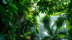 Lush tropical rainforest canopy with vibrant green leaves and botanical biodiversity, morning mist, sunlight filtering through dense vegetation, no text or labels visible