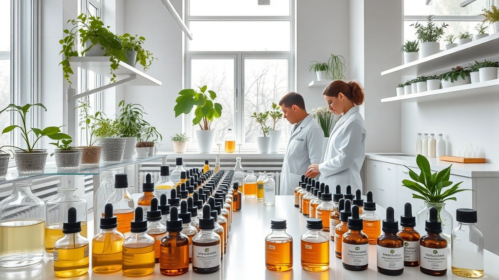 Modern sustainable cosmetics laboratory with natural light, glass containers of botanical extracts and essential oils in organized rows, plants on windowsills, researchers in white coats working, clean minimalist aesthetic