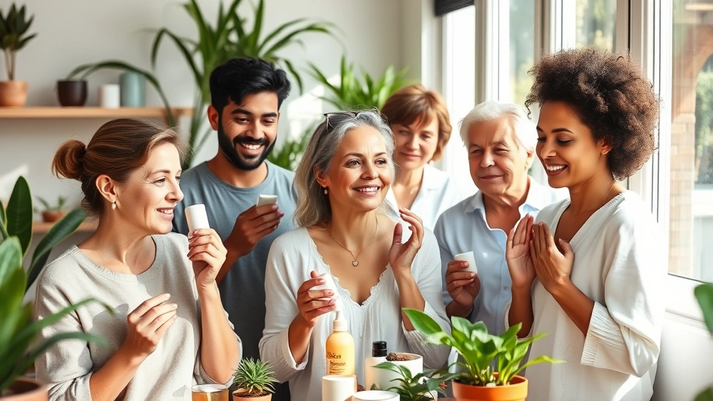 Diverse group of people across different ages and ethnicities applying natural skincare products in bright, airy homes with houseplants, morning sunlight, natural and genuine expressions, no packaging visible