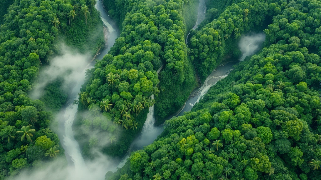 Aerial view of lush tropical rainforest canopy with rivers winding through dense green vegetation, morning mist rising from the forest floor, photorealistic, natural lighting