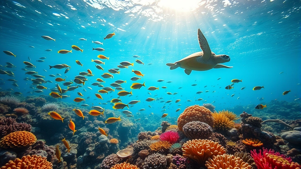 Underwater coral reef ecosystem with vibrant fish schools, sea turtles, and healthy colorful corals, sunlight filtering through clear blue water, photorealistic marine biodiversity