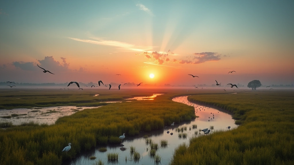 Restored wetland landscape with water channels, native vegetation, wading birds, and wildlife at sunset, showing ecological recovery and natural abundance, photorealistic environmental restoration