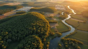 Aerial view of thriving mixed-use landscape: lush forest patches interspersed with sustainable farmland, renewable energy installations visible, river flowing through, no visible pollution or degradation, golden hour lighting, photorealistic, showing natural capital abundance and economic activity coexisting harmoniously
