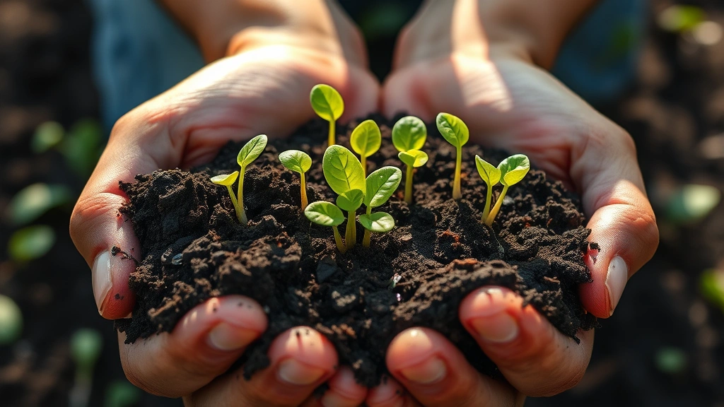 Close-up of hands holding rich dark soil with green seedlings sprouting, water droplets visible, biodiversity indicators like earthworms and insects present, sunlight filtering through, representing regenerative economics and natural capital restoration, photorealistic nature photography style