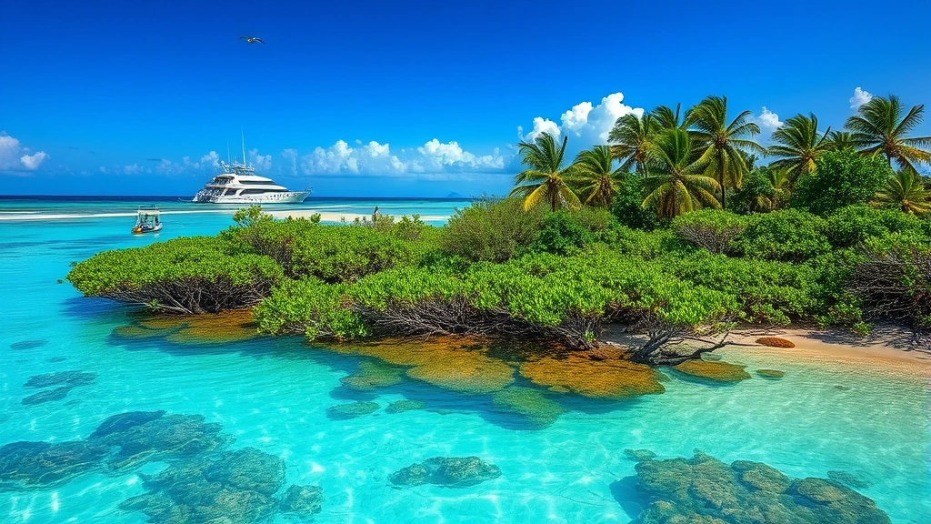 Coastal ecosystem restoration in progress: mangrove forest thriving with birds and aquatic life visible, sustainable fishing boats in background, healthy coral reef visible in shallow water, clean beaches, demonstrating ecosystem services supporting economic activity, vibrant colors, photorealistic marine environment