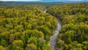 Aerial view of restored forest landscape with diverse tree canopy density, river flowing through valley, natural vegetation patterns without human structures, photorealistic vibrant greens and earth tones, showing ecosystem recovery progression