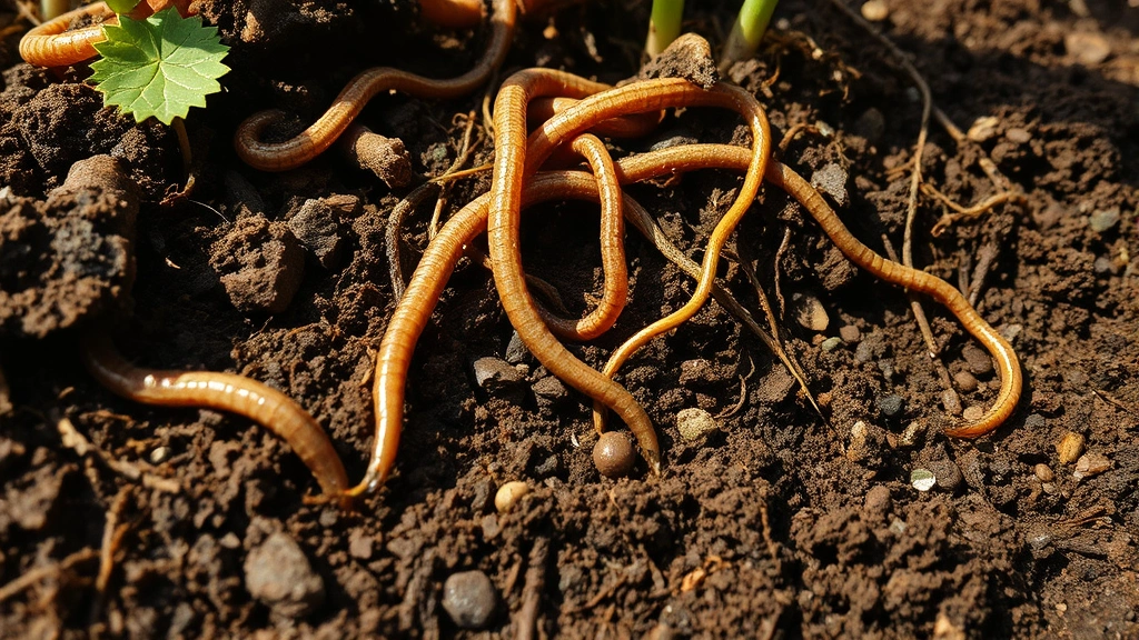 Close-up of rich soil with visible microbial activity, earthworms, organic matter, plant roots intertwining, natural light filtering through, showing regenerative agriculture ecosystem health and biodiversity