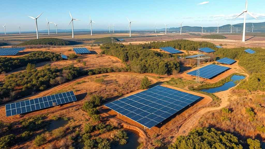 Panoramic view of renewable energy infrastructure—wind turbines and solar panels—integrated within natural landscape with preserved vegetation, wildlife habitats, water features, demonstrating coexistence of clean energy and ecosystem function