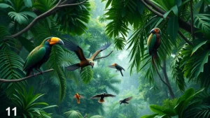 Diverse tropical rainforest canopy with multiple bird species, insects, and dense vegetation layers demonstrating ecological complexity and biodiversity richness, photorealistic natural lighting, no text or labels