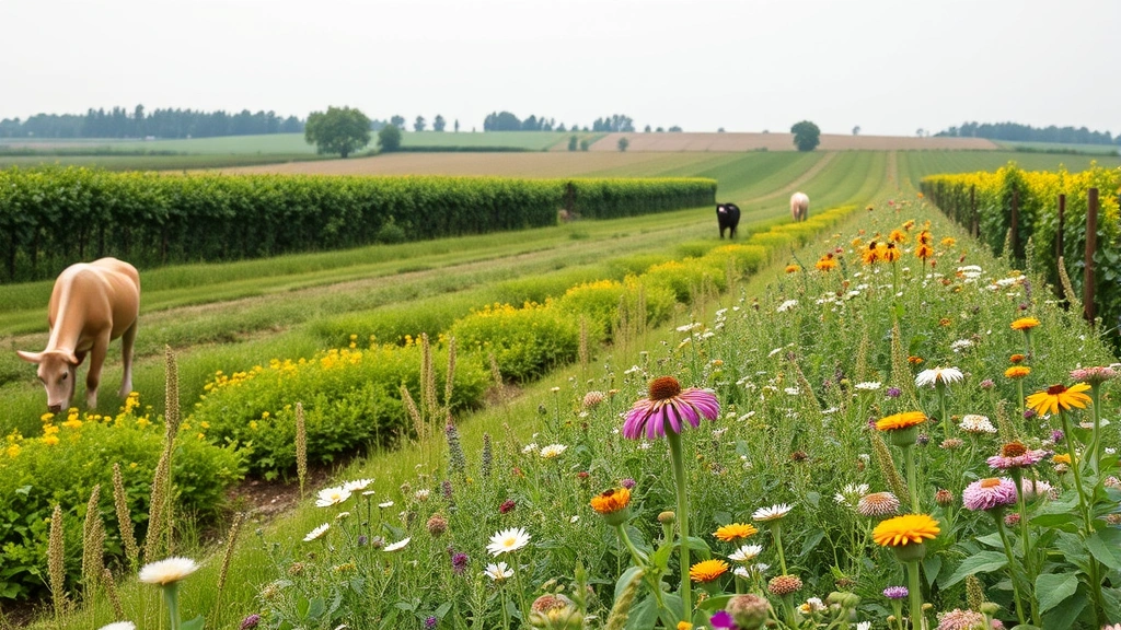 Agricultural field showing integrated crop-livestock system with hedgerows, flowering borders, and pollinator insects visible among diverse plants, demonstrating sustainable farming practices, natural daylight, no charts or graphics
