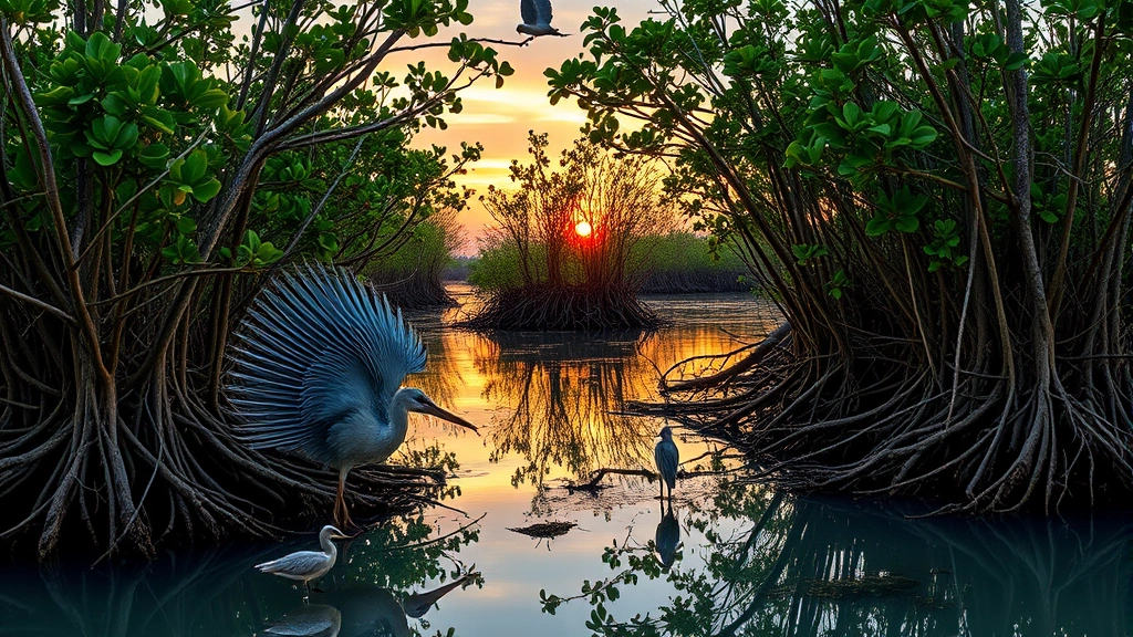 Coastal mangrove forest ecosystem at sunset with water reflections, diverse bird species, root systems visible, showing ecosystem health and productivity, photorealistic nature photography, no text or annotations