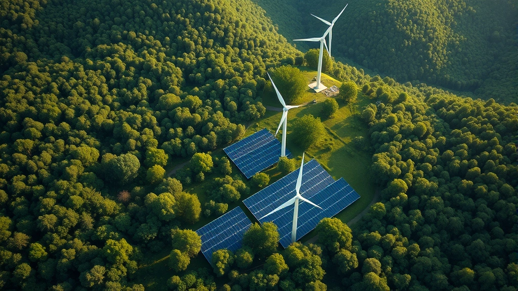 Photorealistic aerial view of a mixed landscape: lush green forest transitioning to renewable energy solar panels and wind turbines, representing green economy integration with natural ecosystems, morning light, no text or labels visible
