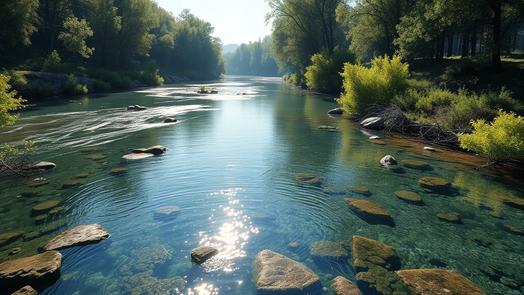Photorealistic image of a river ecosystem with clear water, native vegetation, and wildlife, showing healthy ecosystem services and natural capital, sunlight filtering through trees, no charts or text overlays