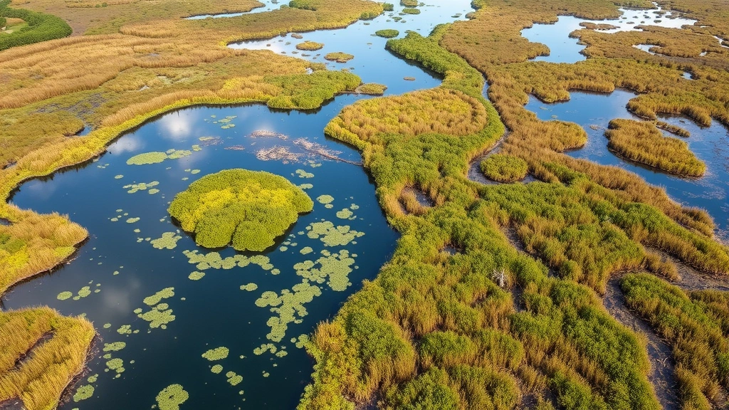 Aerial view of restored wetland ecosystem with water reflections, native vegetation, and wildlife habitat, demonstrating ecological richness and economic value through clean water and biodiversity services