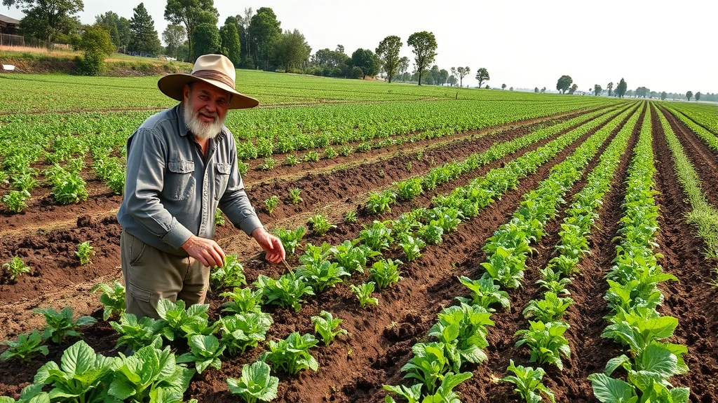 Farmer in regenerative agriculture field with healthy soil, diverse crops, and visible ecosystem restoration, showing productive agricultural landscape with enhanced soil carbon and biodiversity integration