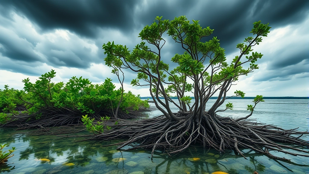Coastal mangrove forest with complex root systems, fish habitat, and stormy sky backdrop, illustrating ecosystem services including carbon storage, fisheries support, and coastal protection value