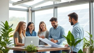 Young entrepreneurs collaborating in a modern sustainable office with solar panels visible through windows, diverse team discussing renewable energy project plans with laptops and green plants