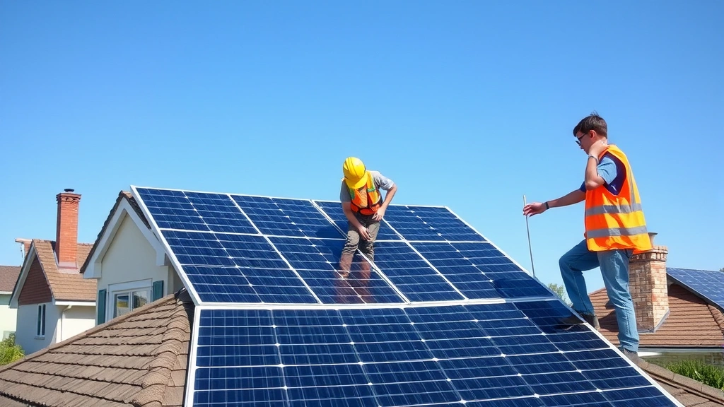 Youth installing solar panels on residential rooftops with clear blue sky, energetic workers in safety gear positioning photovoltaic equipment on suburban homes