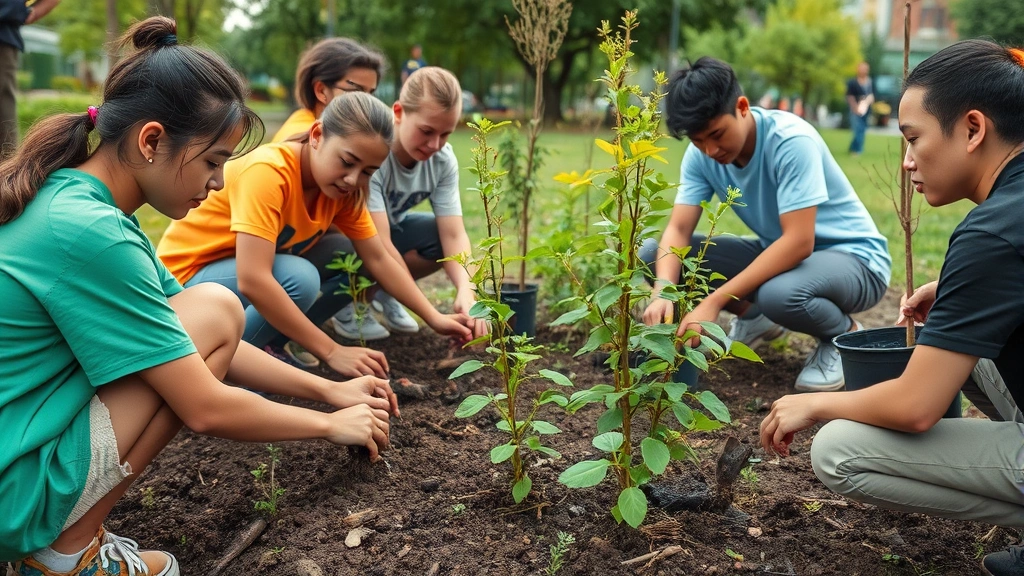 Group of young environmental activists planting native trees in urban park restoration project, diverse youth working together with saplings and soil in green community space