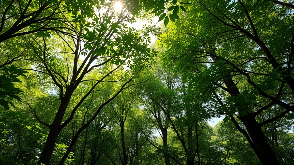 Lush forest canopy with dense green foliage and sunlight filtering through leaves, photorealistic nature photography showing ecosystem biodiversity and health