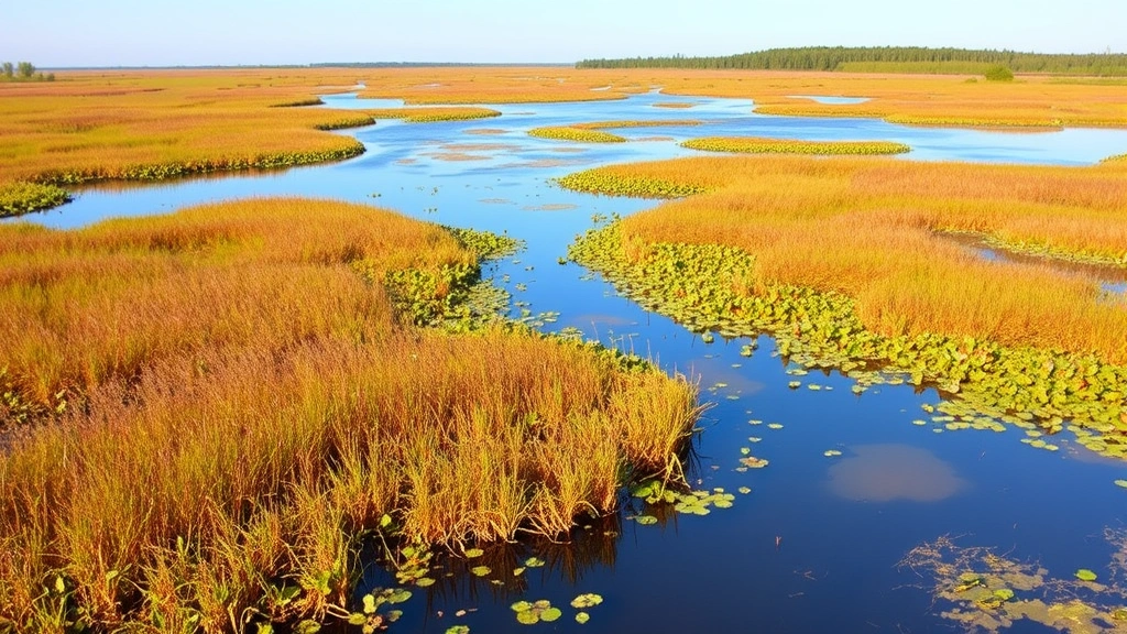 Wetland landscape with water, marsh vegetation, and wildlife habitat, showing ecosystem services in action, vibrant natural colors and water reflections