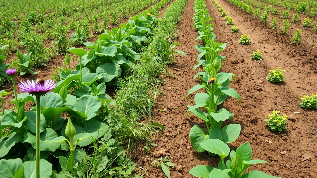 Sustainable agricultural field with diverse crops, pollinating insects, and healthy soil, demonstrating integrated ecosystem-economy practices in farming