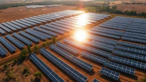 Aerial view of expansive solar farm with panels reflecting sunlight, surrounded by natural landscape with fields and trees, showing sustainable energy infrastructure seamlessly integrated into rural environment