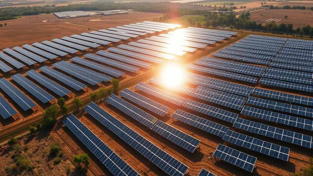 Aerial view of expansive solar farm with panels reflecting sunlight, surrounded by natural landscape with fields and trees, showing sustainable energy infrastructure seamlessly integrated into rural environment