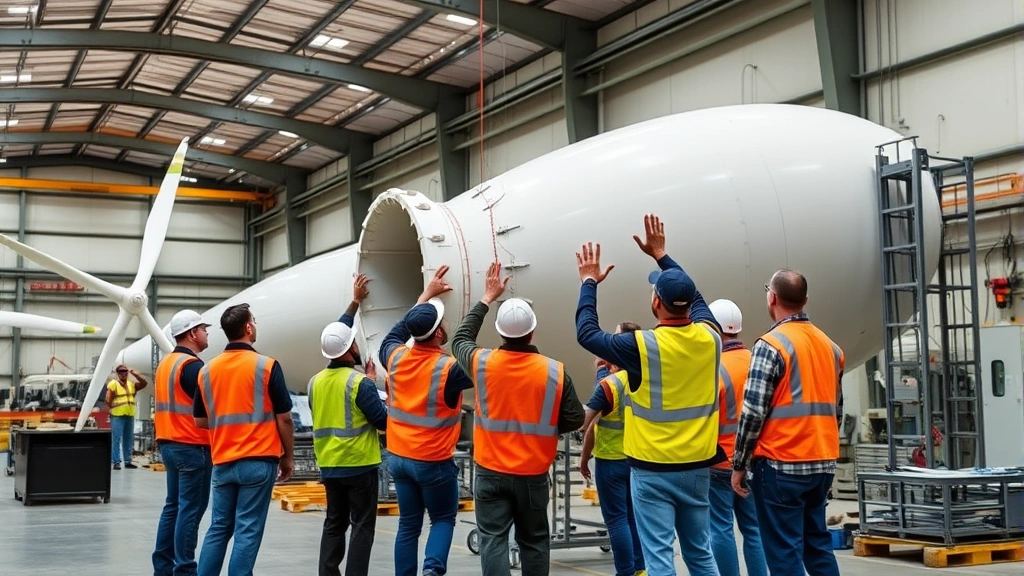 Diverse team of workers installing wind turbine components in manufacturing facility, modern industrial setting with precision equipment, demonstrating green technology job creation and skilled labor
