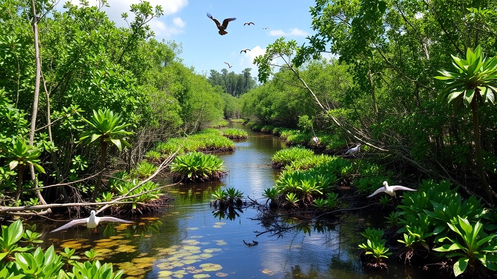 Restored mangrove forest ecosystem with water channels, birds, and wildlife thriving among dense vegetation, showcasing nature-based solutions creating economic value through ecosystem services and carbon sequestration