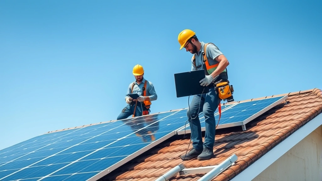 Solar panel installation team working on residential rooftop in bright sunlight, skilled technicians using specialized equipment, clear blue sky background, photorealistic detail of hands-on work