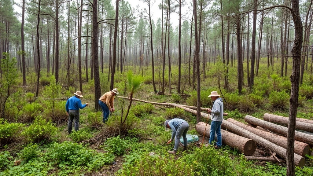 Dense forest ecosystem with restoration workers planting native trees and managing vegetation, multiple workers engaged in ecological conservation activities, natural landscape with restored wetland areas visible