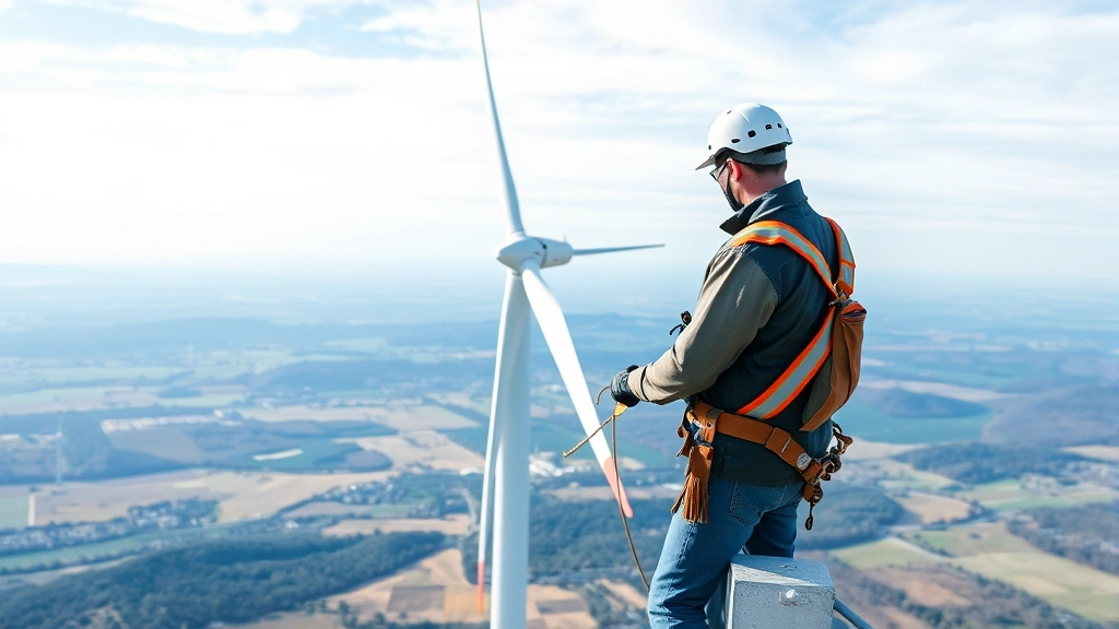 Wind turbine technician performing maintenance work high above ground with panoramic landscape view, skilled worker in safety equipment, renewable energy infrastructure dominating horizon
