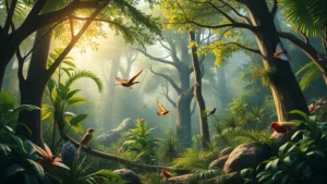 Photorealistic image of a diverse forest ecosystem with sunlight filtering through canopy, showing rich biodiversity with birds, insects, and vegetation in natural state, no visible text or labels