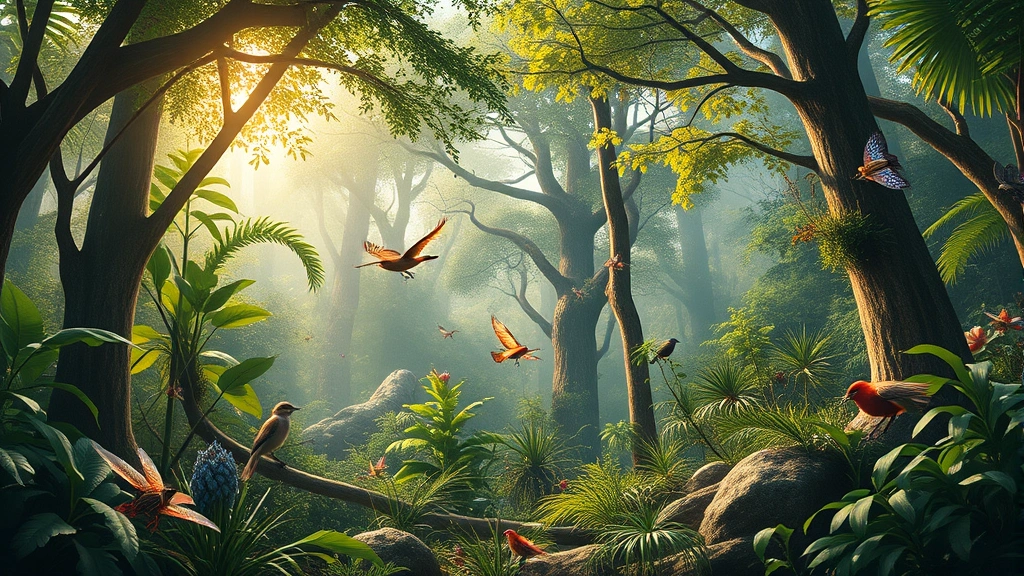 Photorealistic image of a diverse forest ecosystem with sunlight filtering through canopy, showing rich biodiversity with birds, insects, and vegetation in natural state, no visible text or labels