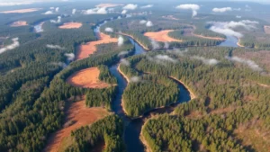 Aerial view of sustainable forest management showing patchwork of harvested and regenerating forest sections with rivers flowing through intact ecosystems, morning mist rising, diverse tree canopy visible