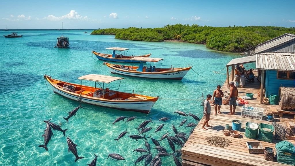 Coastal fishing village with traditional boats anchored in clear turquoise water, mangrove forest visible in background, fishermen sorting sustainable catch on dock, diverse marine life jumping in water