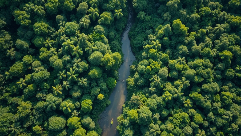 Aerial view of intact tropical forest canopy with winding river, sunlight filtering through dense green vegetation, showing ecosystem richness and carbon storage potential