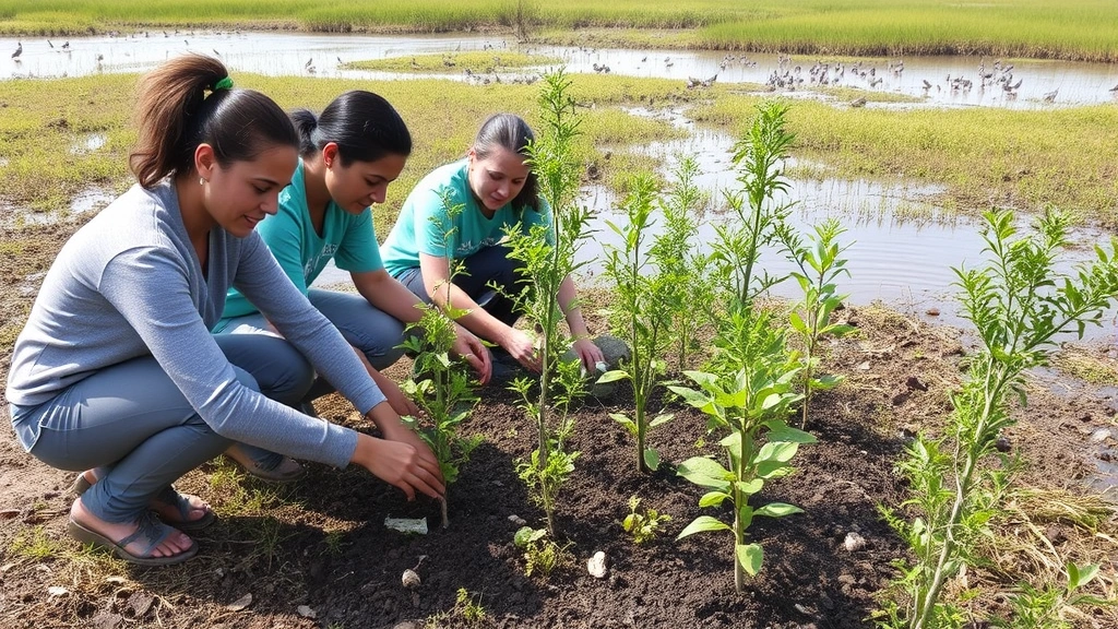 Community members planting native tree seedlings in restored wetland area, with water visible and diverse bird species in background, depicting conservation employment and habitat restoration