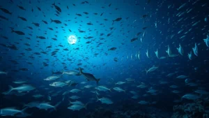 Underwater scene of thousands of fish gathering in spawning aggregation during full moon night, bioluminescent plankton glowing around them, coral reef ecosystem in background, photorealistic marine photography