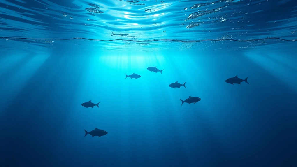 Temperate ocean water temperature gradient visualization showing seasonal warming pattern with fish silhouettes at different depths responding to thermal cues, sunlight filtering through water column, natural lighting