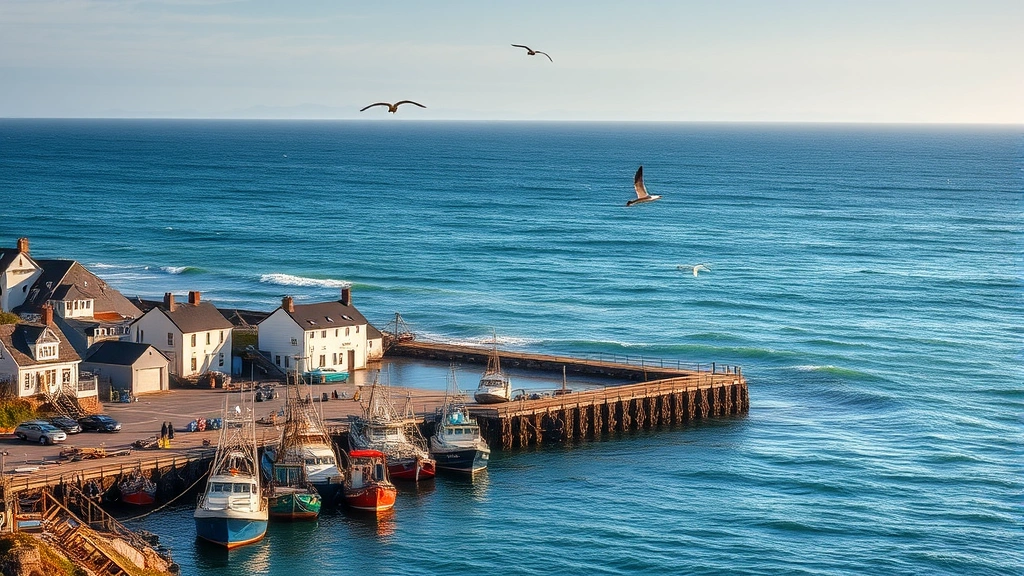 Coastal fishing village with boats at dock in morning light, ocean waters beyond showing phytoplankton bloom coloration, seabirds diving, ecosystem productivity visible, documentary photography style