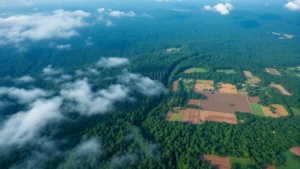 Aerial view of deforestation boundary showing pristine rainforest abruptly transitioning to cleared agricultural land, morning mist rising from untouched forest canopy, economic contrast visible in landscape composition