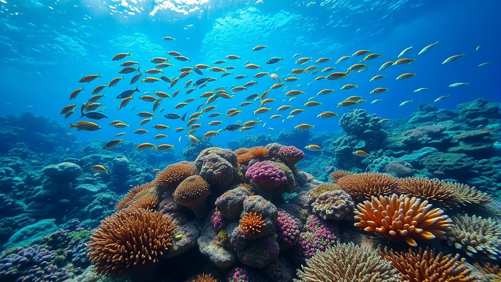 Underwater coral reef ecosystem with vibrant fish schools and healthy coral formations, natural light filtering through water, showing biodiversity richness and ecosystem complexity, photorealistic marine environment