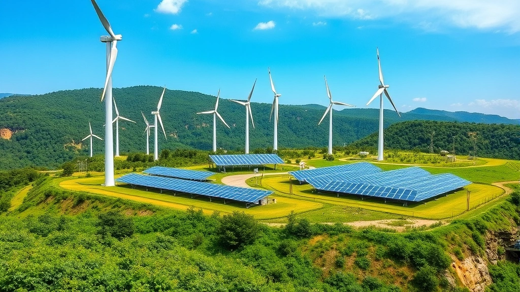 Industrial renewable energy installation with wind turbines and solar panels integrated into natural landscape, green vegetation and natural terrain surrounding clean energy infrastructure, showing economic and ecological coexistence