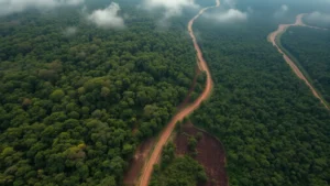 Aerial view of deforestation boundary showing intact rainforest transitioning to cleared land with logging roads, diverse canopy colors contrasting with brown soil, misty morning light, photorealistic, no text or labels